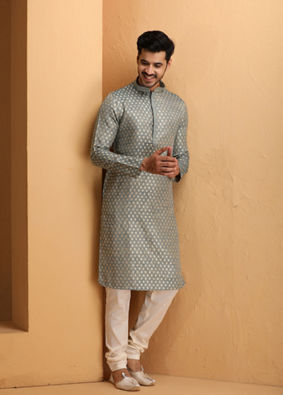 Steel Blue Jacquard Kurta Set image number 2